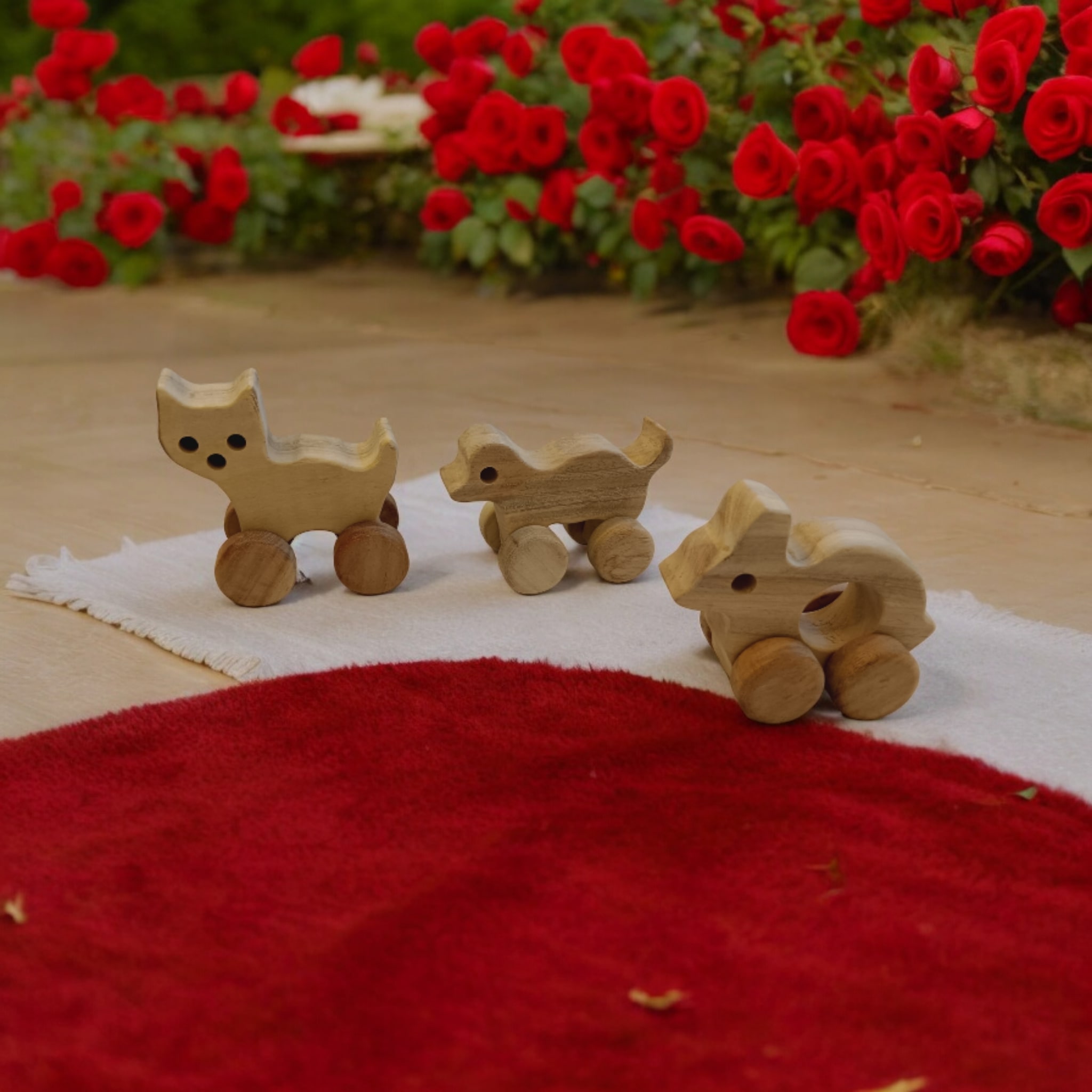 Set of 3 Neem Wooden Wheel Toys – Dog, Cat & Rabbit Shapes | Natural Rolling Toys