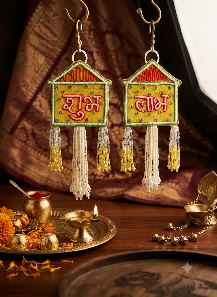 Shubh Labh Embroidered Festive Hanging Pair
