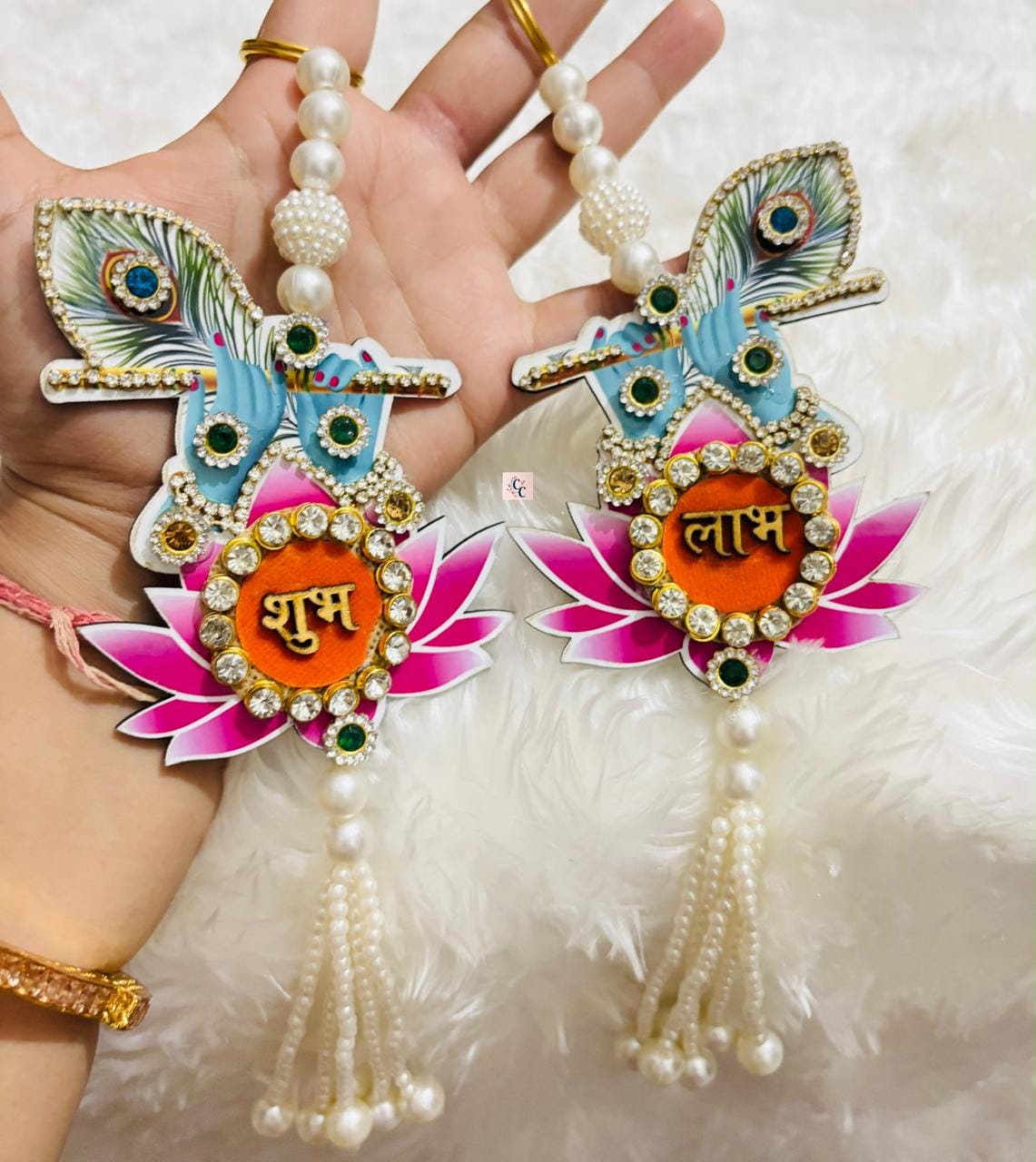 Shubh Labh Krishna Flute Lotus Pearl Wall Hanging Set of 2