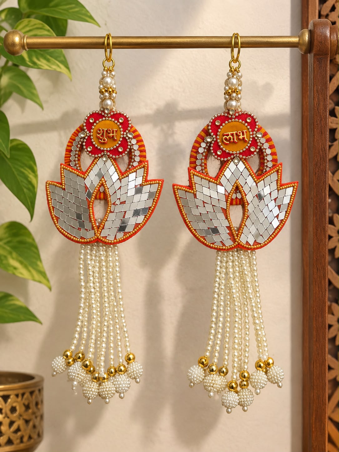 Shubh Labh Lotus Hanging Toran with Pearl Drops | Traditional Diwali & Pooja Door Decor