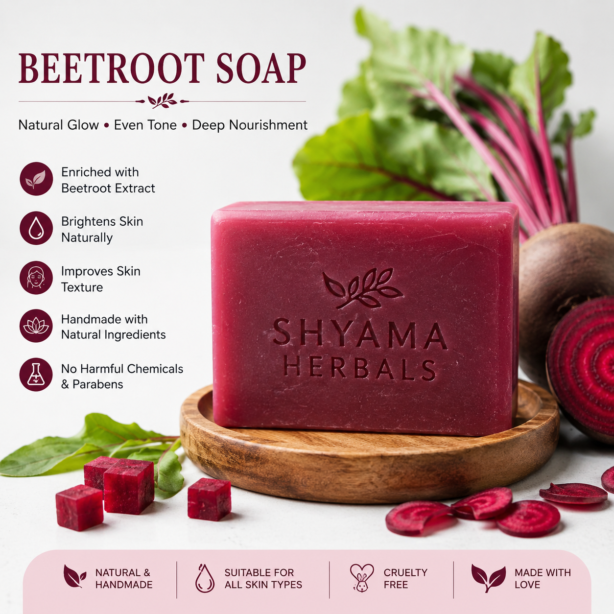 Shyama Herbals Beetroot Glow Herbal Soap | Handmade Natural Soap with Beetroot, Honey & Orange Peel