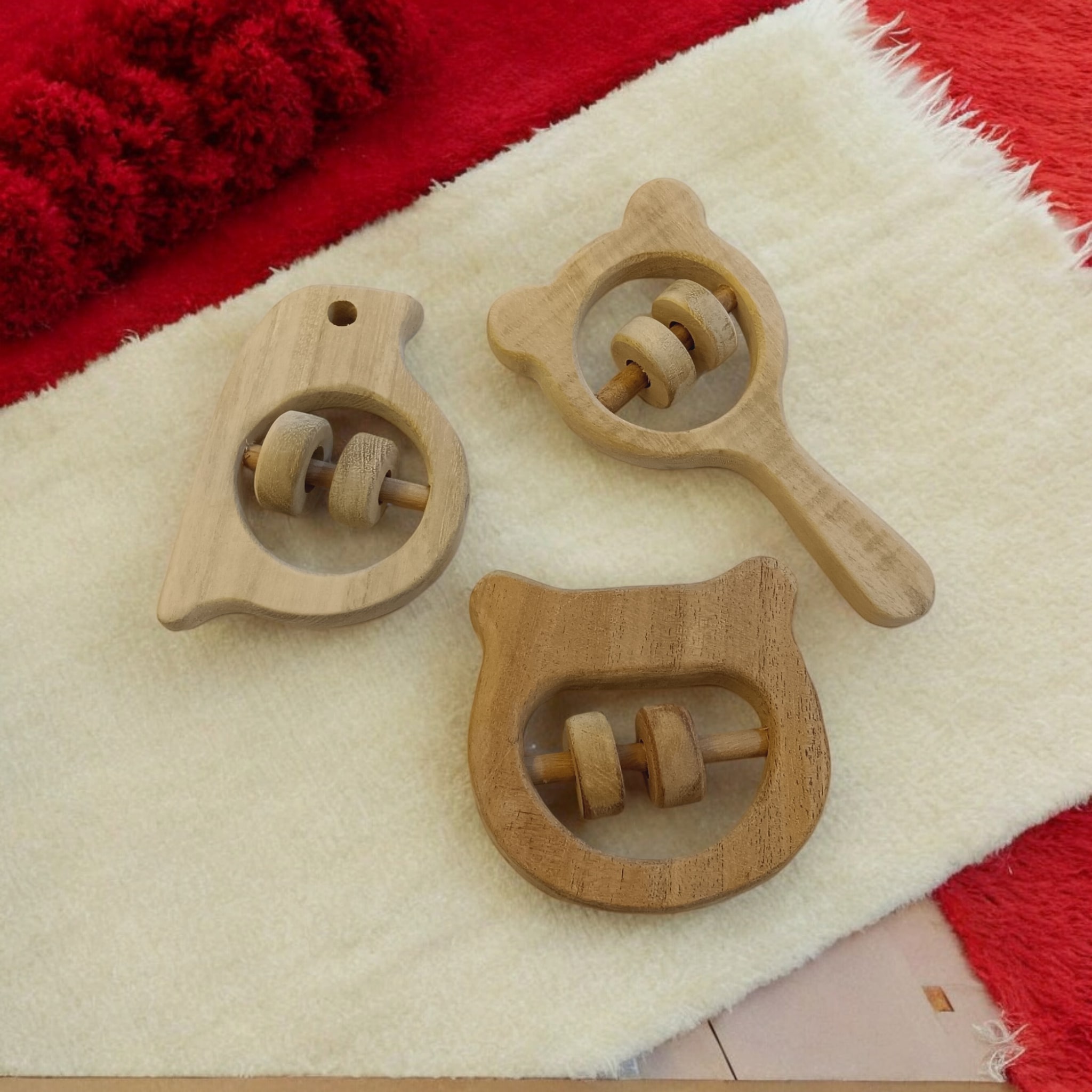 Soothing Sound Making Rattles - Hippo Head, Sparrow & Micky Head Shapes - Made From Pure Neem Wood