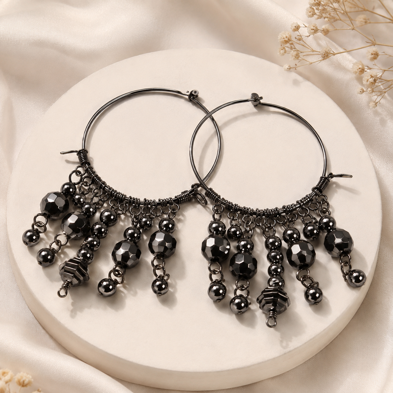 Stylish Black Beaded Hoop Earrings for Women – Trendy Statement Jewellery