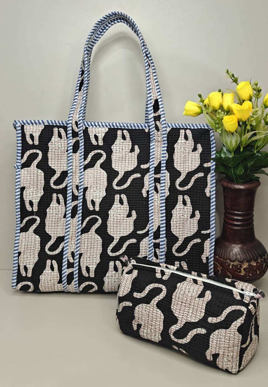 Stylish Printed Quilted Cotton Tote Bag with Matching Zip Pouch | Spacious Everyday Handbag