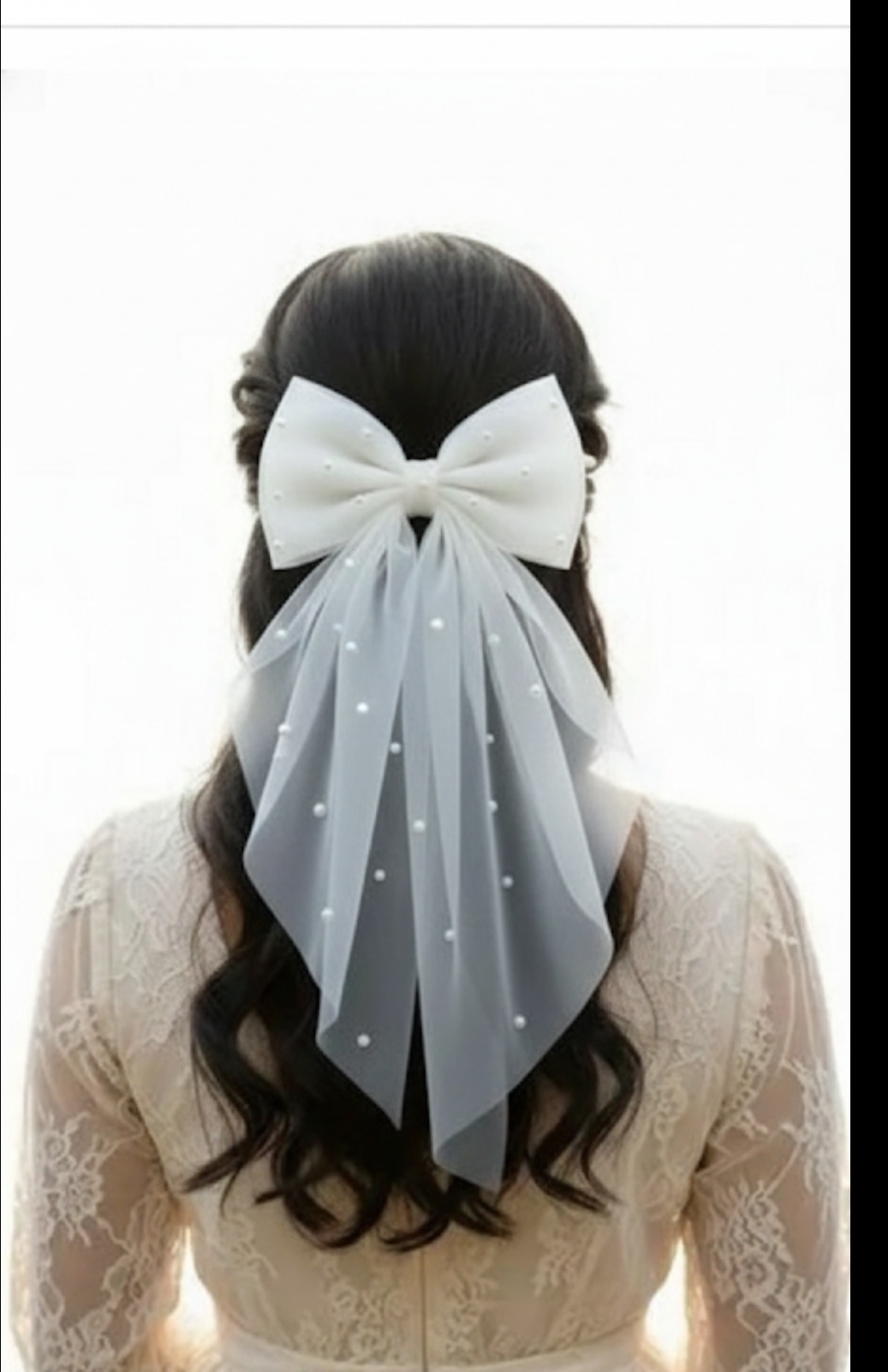 White Net Long Tail Hair Bow – Stylish Pearl-Dot Bow (Pack of 1)