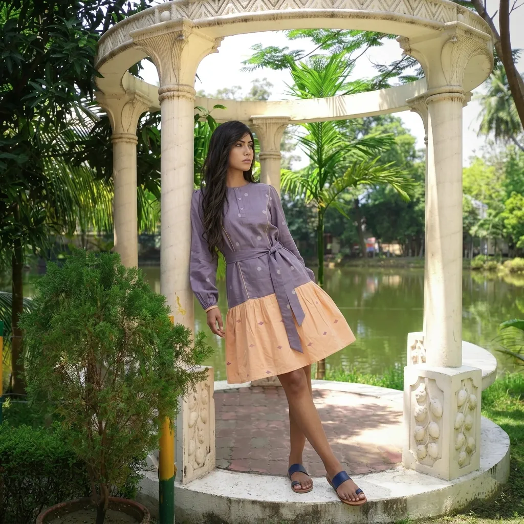 SWAY- Dusty Lavender Grey with Blush Peach Contrast Panel Self-fabric tie belt Dress