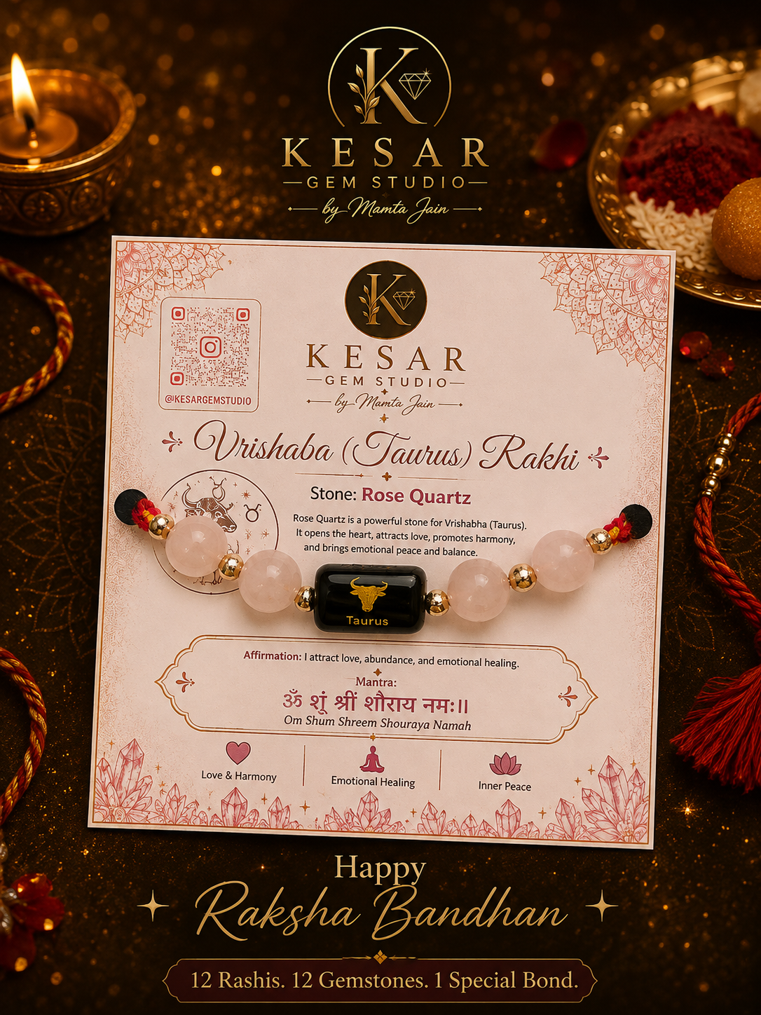 Taurus Rashi Rakhi – Natural Rose Quartz Gemstone Rakhi | Love, Peace & Harmony