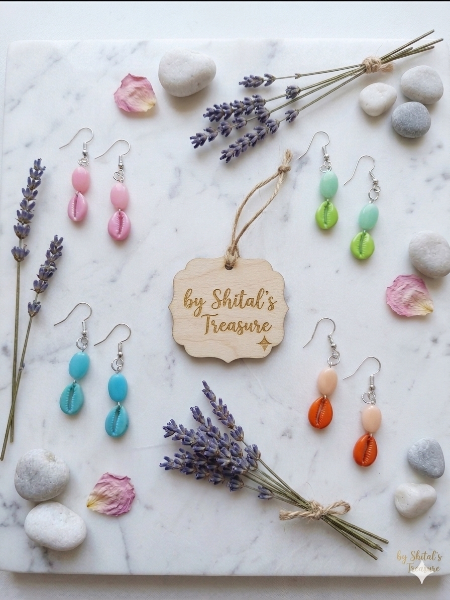 Ocean Mist Beaded Cowrie Drop Earrings