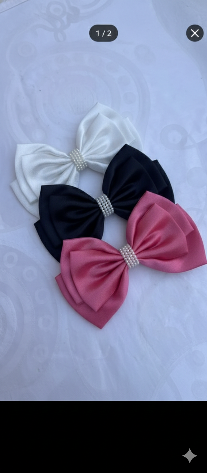 Three-Layer Satin Hair Bows – Set of 3 (White, Black & Pink)