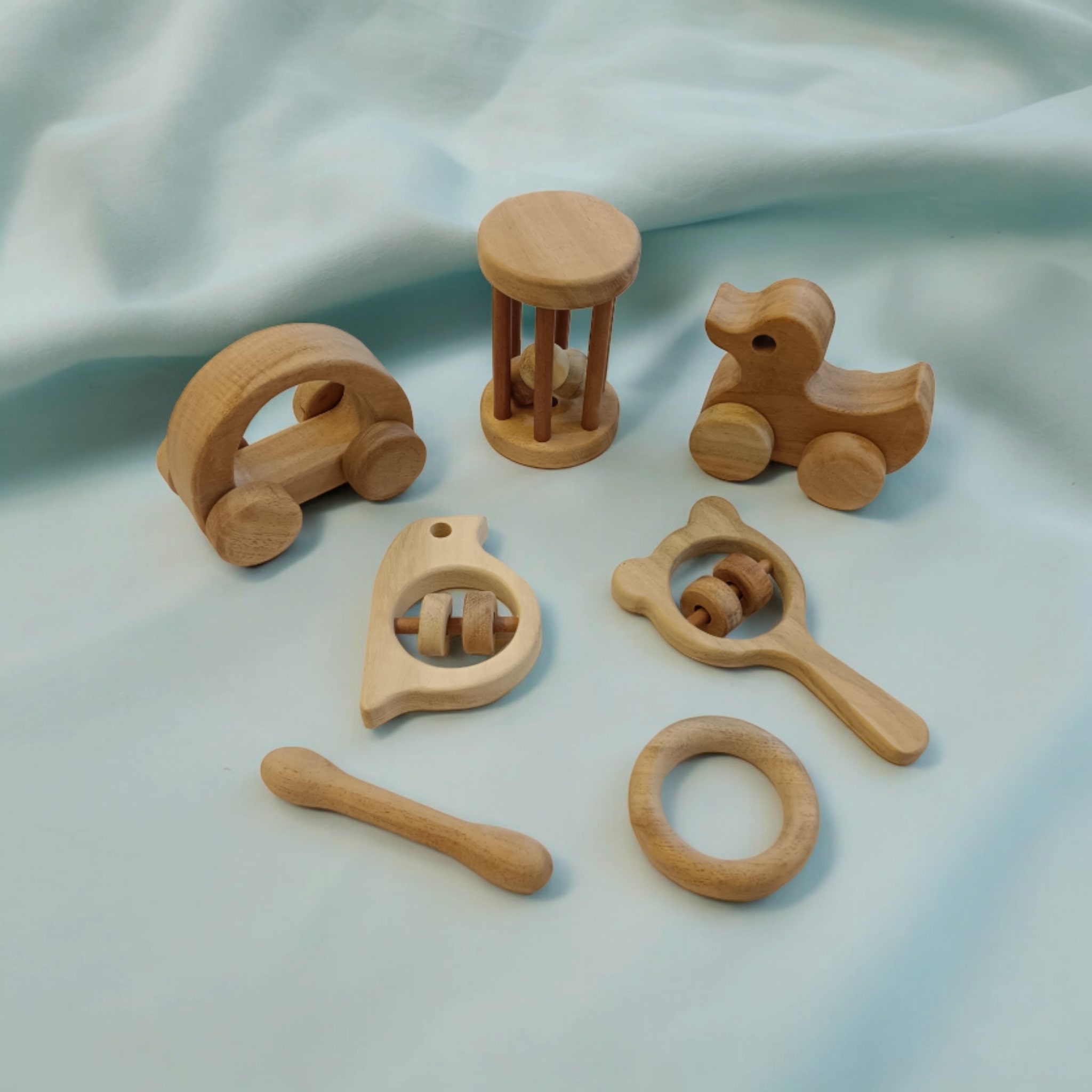 Pack of Neem Wood Baby Rattle Teether Wheel Toys | Natural Wooden Baby Toys India