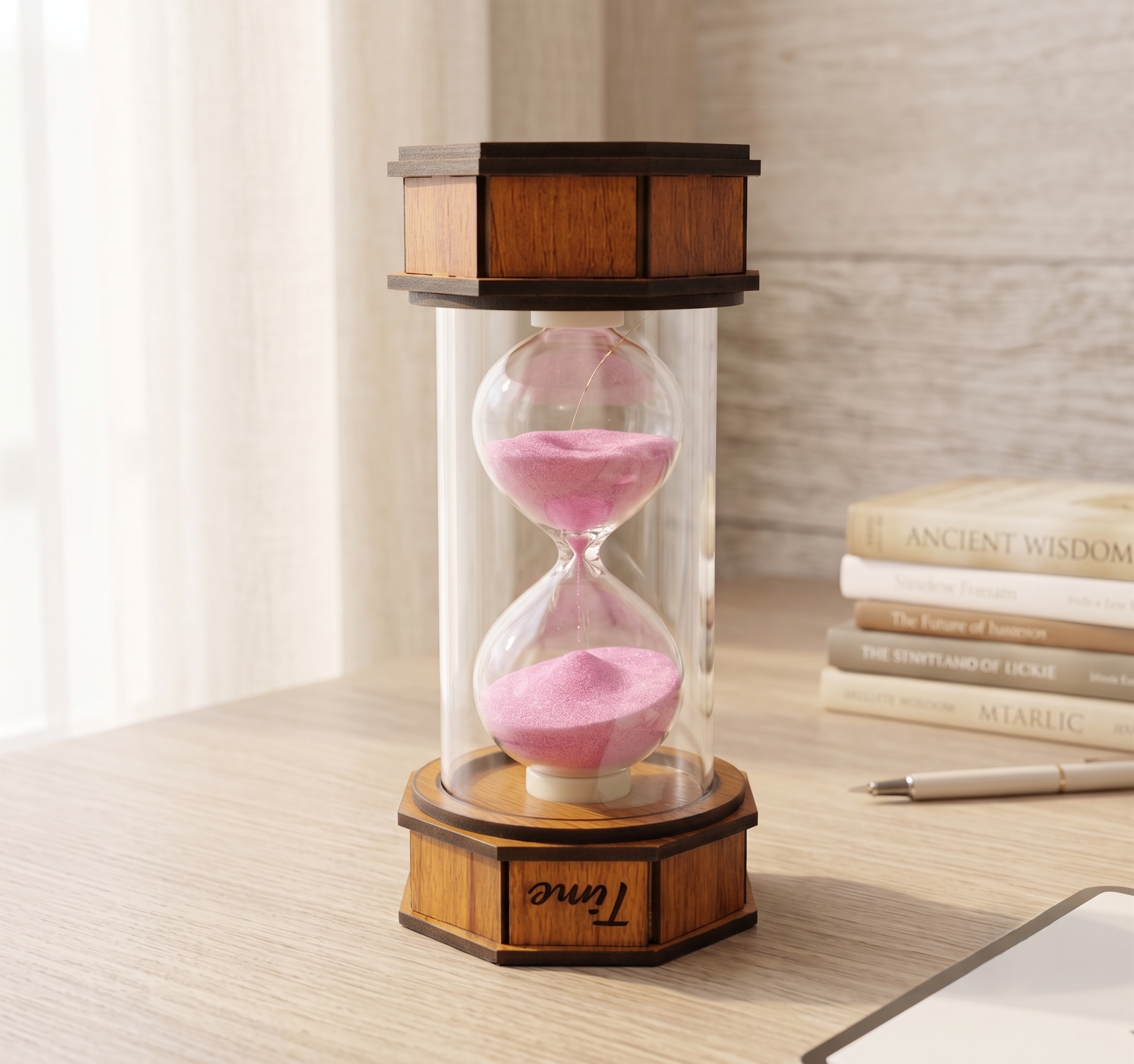 Toynish Handcrafted Wooden Hourglass Sand Timer with Warm LED Light – Pink Sand Glass Clock for Office Desk Decor, Study Table, Home Interior Accents & Vintage Gifting (15 x 7 cm)