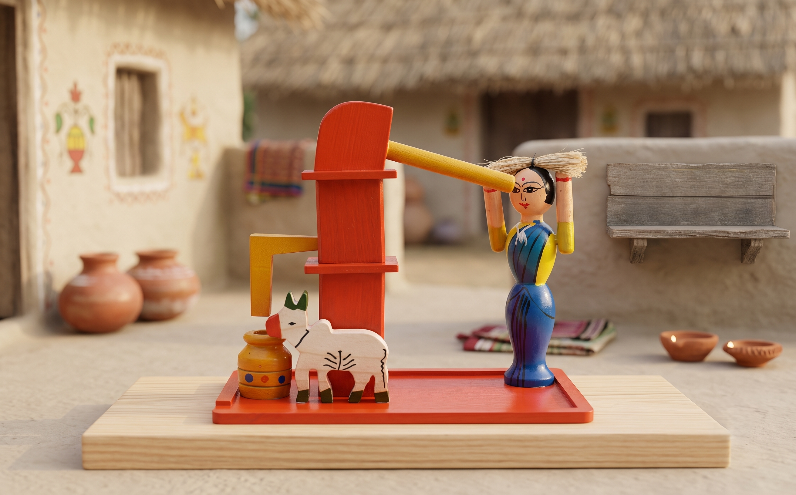 Toynish Handcrafted Wooden Indian Village Hand Pump Showpiece | Traditional Kondapalli Style Woman Drawing Water & Cow Scene | Ethnic Heritage Golu Dolls for Home Decor & Festive Display (L21 x W10 x H18 CM)