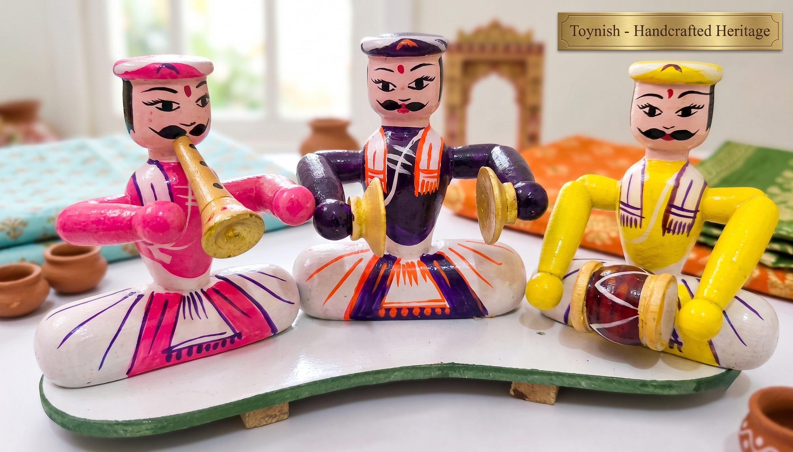 Toynish Handcrafted Wooden Musician Set – Traditional Channapatna Hand-Painted Musical Idols for Home Decor & Gifting Eco-Friendly Artisanal Indian Festive Figurines