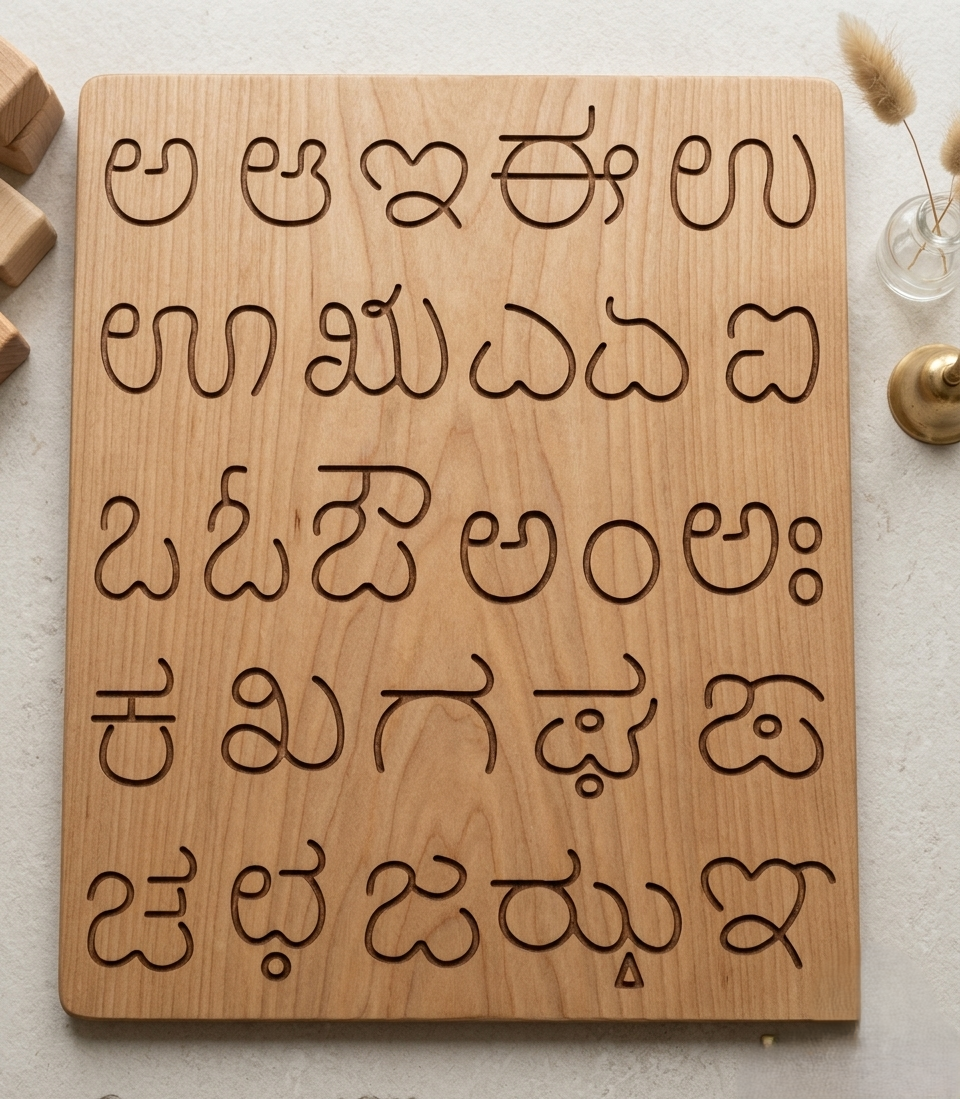 Toynish Two-Sided Wooden Kannada Alphabet Tracing Board | Reversible Aksharamale Swar & Vyanjan Learning Puzzle Slate | Montessori Educational Writing Practice Toy with Tracing Stylus for Toddlers (Set of 1)