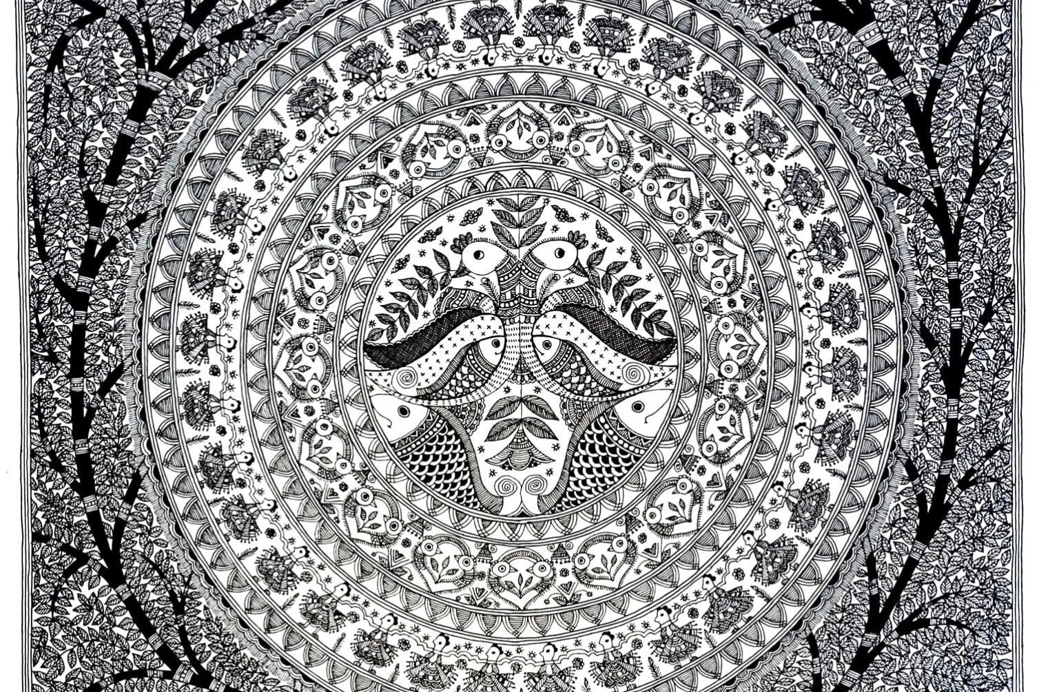 Tree of Life Godna Painting, Madhubani Mithila Art