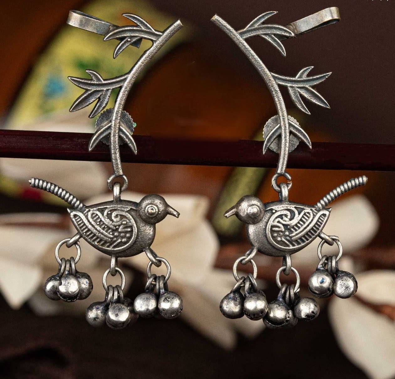 Tribal Bird Charm Oxidised Silver Earrings