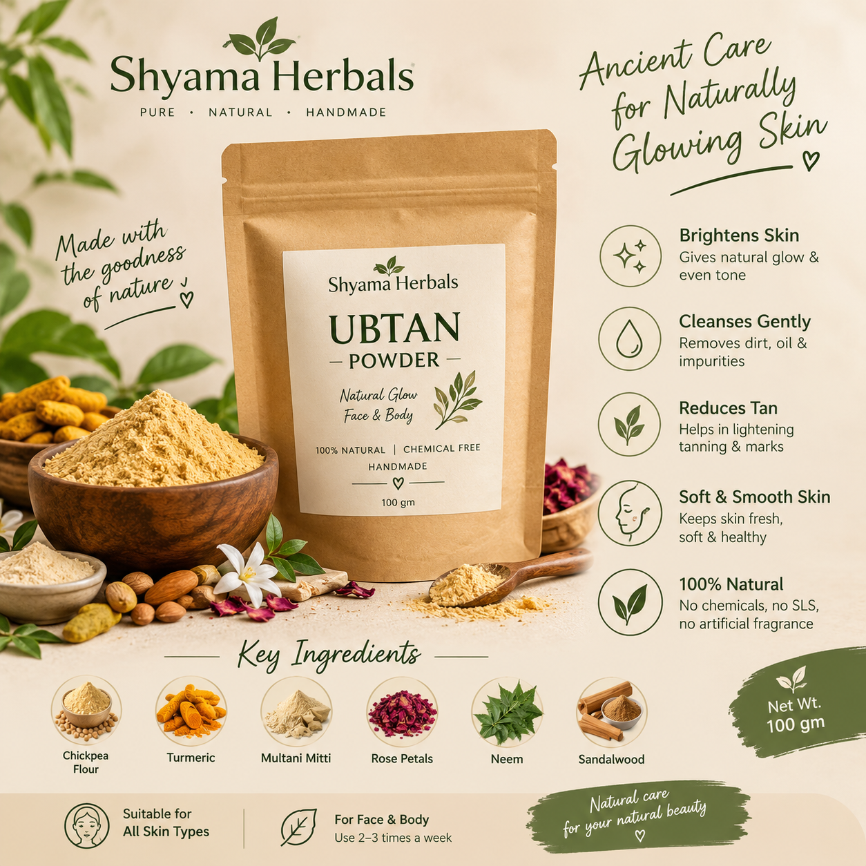 Ubtan Powder for Face & Body | Natural Herbal Ubtan for Glowing Skin | Tan Removal & Skin Cleansing | 100 gm