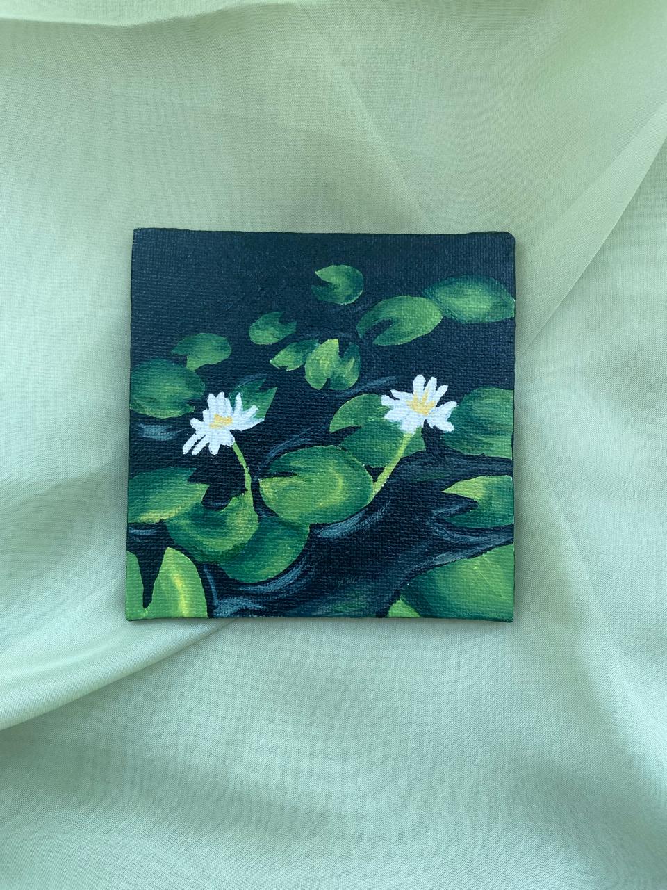 White Lotus Flower Painting Night Scene – Calm Nature Wall Decor