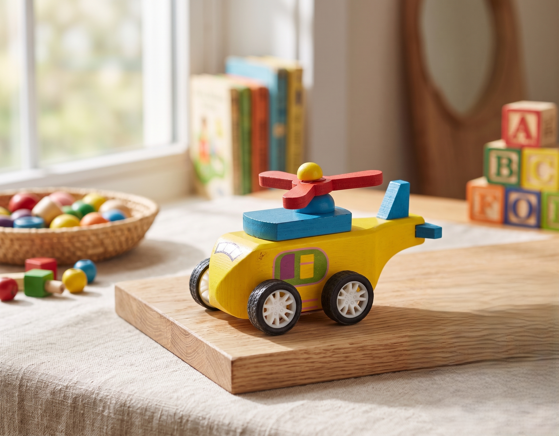 Wooden Pull String Helicopter with Rotating Blades (Set of 2) – Handmade Wooden Pull Along Toy for Kids