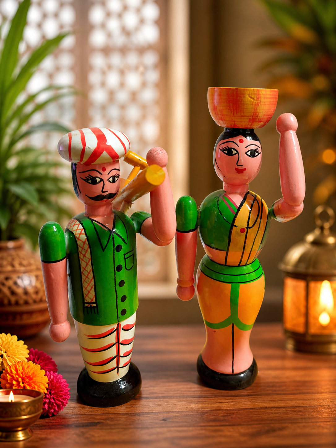Wooden Village Couple Showpiece