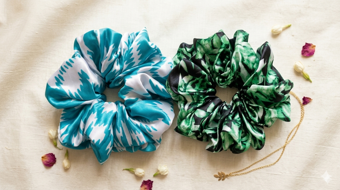 XXL Jumbo Satin Silk Scrunchies for Women - Pack of 2 - Teal Ikat & Emerald Botanical Prints