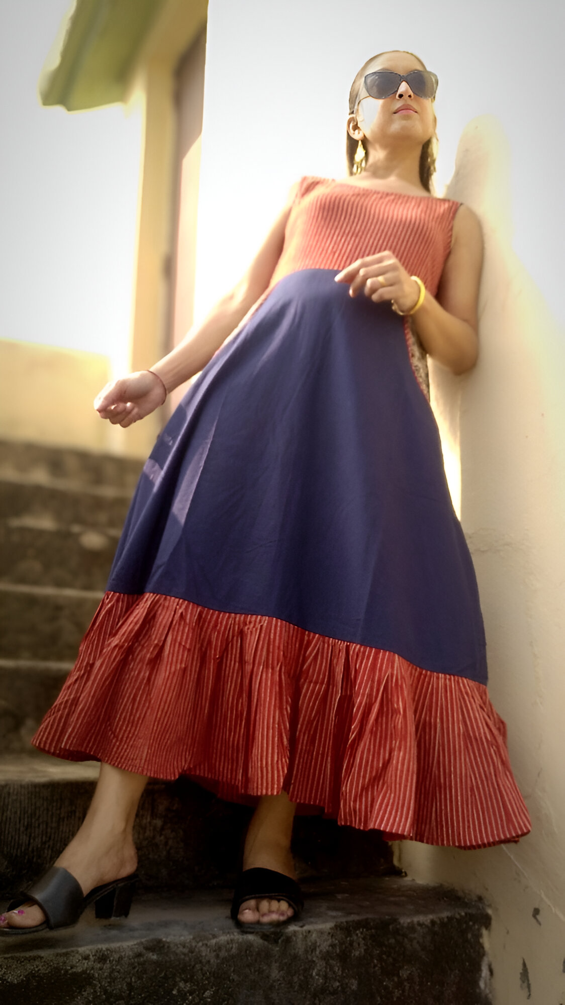 ZARANJ- Slim fit, Sleeveless One-Piece Free Flow Frilled A Line Dress with side pockets and round Neck